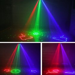 9 in 1, 6 Laser Rød. Grønn og Blå og 3 White LED Strobe med fjernkontroll
