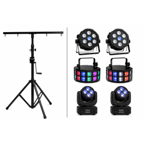 Scenelys Pakke 3 - 2 PAR + 2 Moving Head + 2 Derby med Stativ og DMX kabler