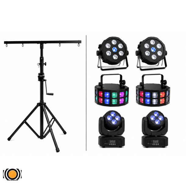 Scenelys Pakke 3 - 2 PAR + 2 Moving Head + 2 Derby med Stativ og DMX kabler