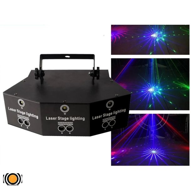  9 in 1, 6 Laser Rd. Grnn og Bl og 3 White LED Strobe med fjernkontroll (UTLEIE)