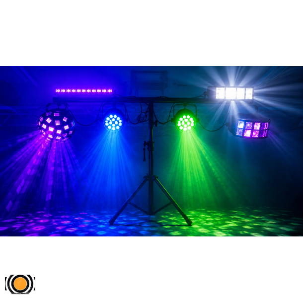 Diskolys Pakke med Stativ, PAR, Derby, Mushroom, Strobe, UV og R�ykmaskin 900 W � Utleie